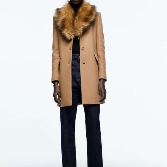 NEW ZARA REMOVABLE FAUX FUR COLLAR COAT TAUPE BROWN - REF. 2179/289 - Picture 1 of 12